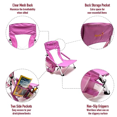 SunnyFeel Low Folding Camping Chair, Portable Beach Chairs, Mesh Back Lounger for Outdoor Lawn Beach Camp Picnic (Pink)