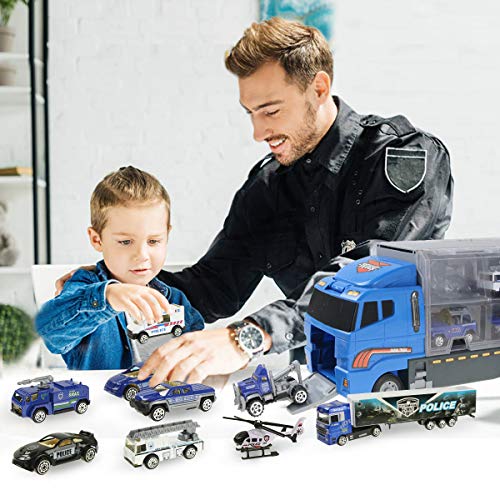 Joyfia 10 in 1 Mini Die-cast Police Truck Toy Set, Mini Patrol Rescue Vehicles in Carrier Truck Playset, Police Car Toys for 3+ Years Old Boys Girls Kids