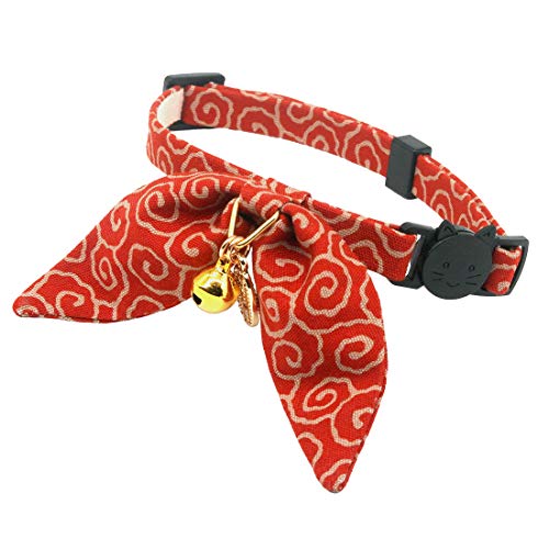 PetSoKoo Unique Bunny Ears Bowtie Cat Collar, Japan Traditional Lucky Pendant Gold Bell. Safety Breakaway, Light Weight, Soft, Durable. Quick Release Easy Adjustable (Standard, Red)