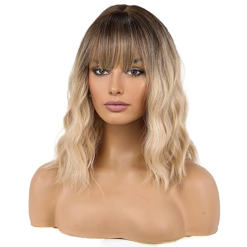 HAIRCUBE Shoulder Length Wig Curly Wavy Hair Wigs Blonde Colour and Dark Roots Wigs for Women with Fringe