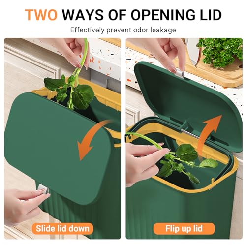 USOR Hanging Kitchen Trash Can with Lid| Green Recycle Kitchen Waste Bins Small Plastic Rubbish Bin Wall Mounted Recycling Garbage Can Under Sink Countertop Compost Bin in Bedroom Bathroom Rv