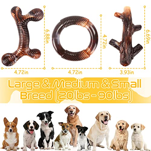 Zimtty Dog Toys, 3 Pack Indestructible Dog Chew Toys for Aggressive Chewers, Durable Tough Nylon Real Bacon Flavor Teething Chew Toys for Large Medium Small Dog Breeds (Brown1)