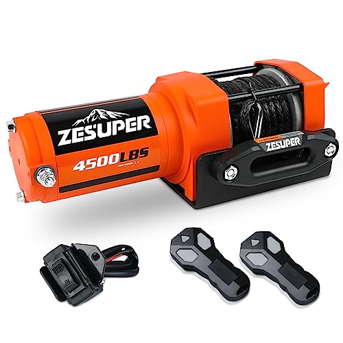 ZESUPER 4500lb Winch 12v Boat Trailer ATV UTV Quad Electric Winch 2 Wireless Remotes Synthetic Rope Waterproof IP67 Car