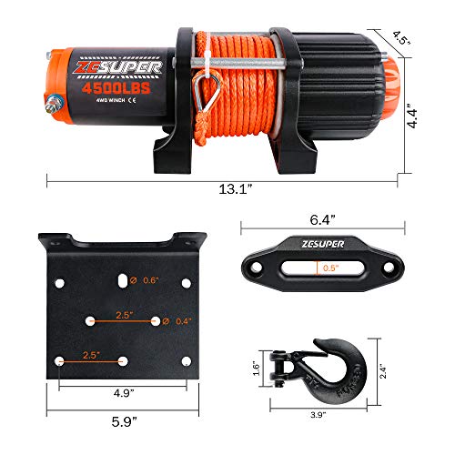ZESUPER 4500 lb Winch Waterproof IP67 Electric Winch with Wireless Remote Synthetic Winch Rope Hawse Fairlead Handheld Remote ATV UTV Winches 12V Portable Power Winch