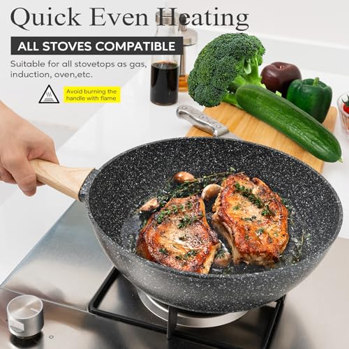 SODAY 12pcs Pots and Pans Set Non Stick Kitchen Cookware Sets Induction Cookware Nonstick Granite Cooking Set with Frying Pans, Saucepans, Steamer Silicone Shovel Spoon & Tongs (Black)