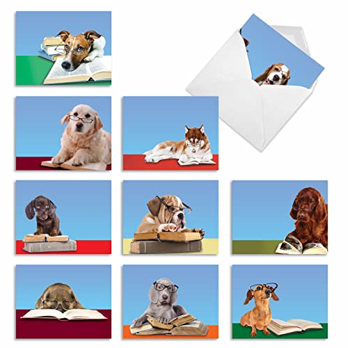 10 All Occasion Dog Note Cards with Envelopes 4 x 5.12 inch - Assorted Blank Greeting Cards 'Reading Eye Dogs' - Cute Puppy in Glasses Notecards for School Kids, Teachers, Book Lovers M3967sl