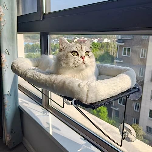 UPET Cat Window Perch Safety Comfortable Cats Hammock Bed with Soft Plush Cushion Heavy Duty Suction Cups Metal Frame for Large Cats Kittens Indoor Lounging Sunbathing Napping Overlooking (White)