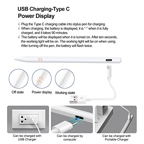 Zosylala Stylus Pen for iPad with Power Display,Palm Rejection,Comptable with Apple iPad 10th/9th/8th/7th/6th Gen,iPad Air 3rd/4th/5th Gen,iPad Mini 5/6th Gen,iPad Pro(2018-2023)-White