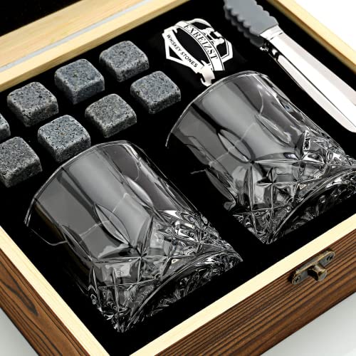 Whiskey Stones Gift Set - Whiskey Glass Set of 2 - Granite Chilling Whiskey Rocks - Scotch Bourbon Whiskey Glass Gift Box Set - Best Drinking Gifts for Men Dad Husband Birthday Party Holiday Present