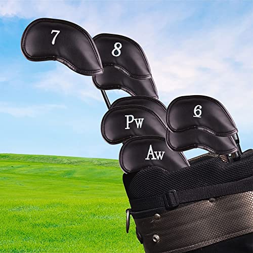 All Teed Up Premium Magnetic Leather Iron and Wedge Golf Club Head Covers | Set of 10 | Fits Most Clubs | Embroidered Club Label on Both Sides of Club Head Cover