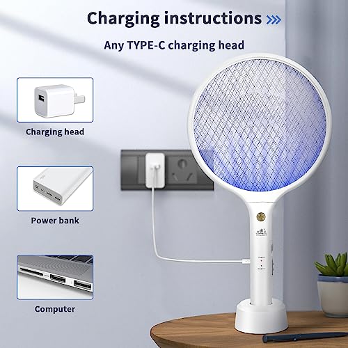 Electric Fly Swatter ValueHall Bug Zapper Racket USB Rechargeable Mosquito Zapper Fly Zapper Racket with Base, LED Trapping Light and 3 Layers Mesh Fly Killer for Indoor, Outdoor Pest Control V1F02