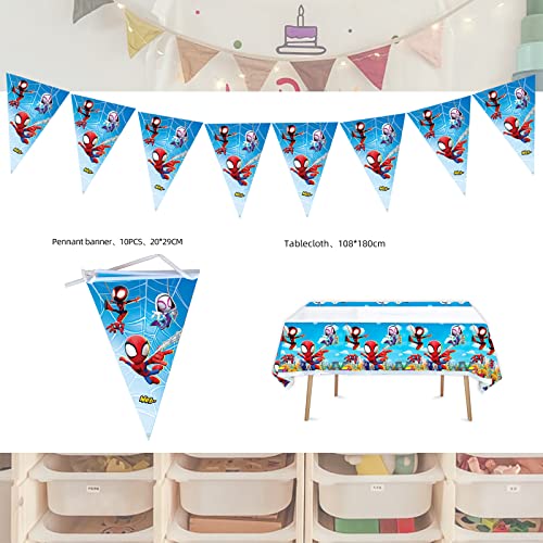 Spider Party Tableware, Spider Party Decorations, Spidey and His Amazing Friends Birthday Party Supplies, Includes Table Cover, Banner, Plates, Napkins, Paper cups,Straws, Fork- Serves 10 Guests