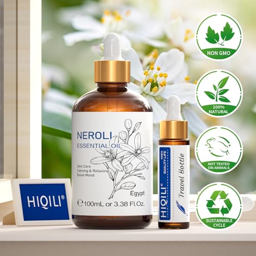 HIQILI Neroli Essential Oil, Pure Natural Neroli Oil for Diffuser, Skin Care, Relaxation - 3.38 Fl Oz