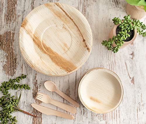 125 Disposable Leaf/Bamboo Plates and Cutlery Pack for a 25 People Eco Dinner Party | Compostable | Eco Friendly | Bio Degradable | Sturdy Than Paper Plastic Plate