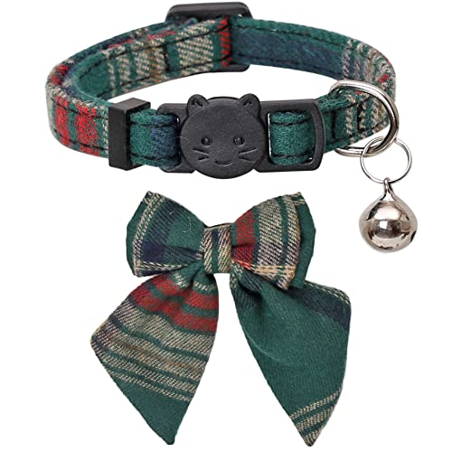 Christmas Cat Collar Breakaway with Cute Removable Bow Tie and Bell for Kitty Adjustable Safety Plaid