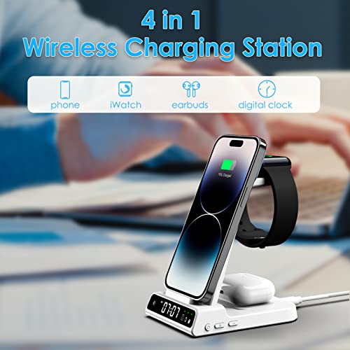 Charging Station for Apple, Wireless Charger 4 in 1 with Digital Clock, Wireless Charging Station for iPhone 15/14/13/12/11/X Series, for Apple Watch Ultra 2/Series 9/8/7/6/5, Air Pods Pro 2/3/Pro