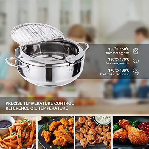 Kerilyn Deep Fryer Pot, 11 Inch/4.2 L Janpanese Style Tempura Frying Pot with Lid, 304 Stainless Steel with Temperature Control and Oil Drip Drainer Rack, for Kitchen French Fries, Chicken etc