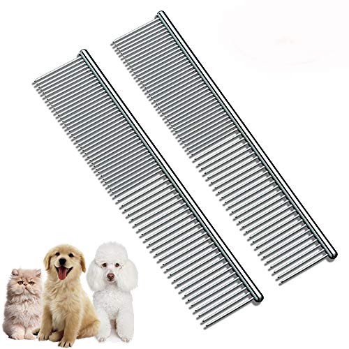 [2 Pack] HEYUS Pet Grooming Comb, Stainless Steel Pet Grooming Massaging Kit Dog Comb Steel Comb Pin Comb Dog Shedding Combs with Different Spaced Teeth Silver