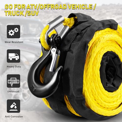 1/2" x 92ft Synthetic Winch Rope, 32000lbs Winch Rope Cable Kit, Winch Line Replacement with Protective Sleeve and Heavy Duty Forged Winch Hook for 4WD Off Road Vehicle Truck ATV UTV SUV