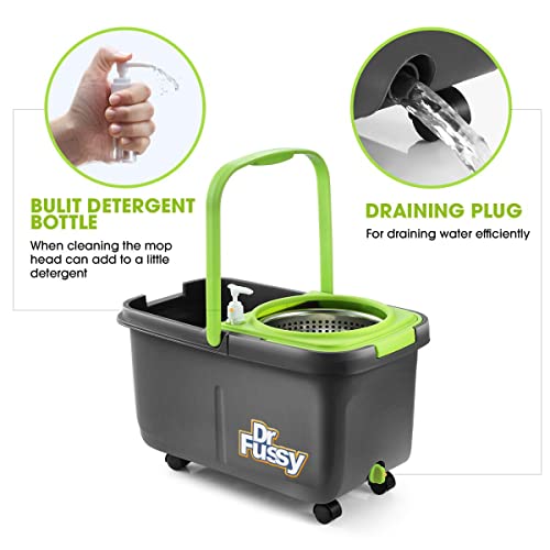 Dr Fussy Upgraded 360 Degree Spin Mop Bucket System w/4 Mop Heads