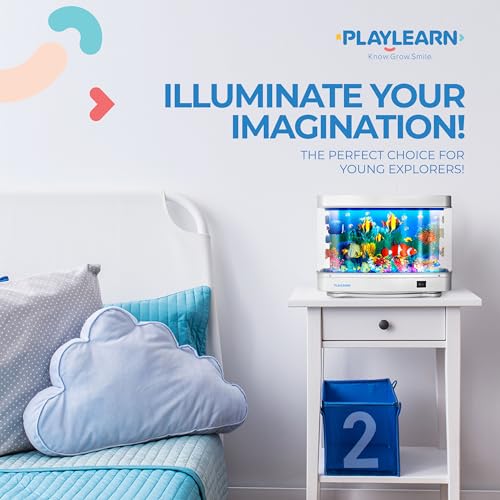 Playlearn USA Fake Fish Tank Mini Aquarium - Artificial Fish Tank with Moving Fish - Fake Aquarium Lamp - Perfect Sensory Lamp, Grey Base