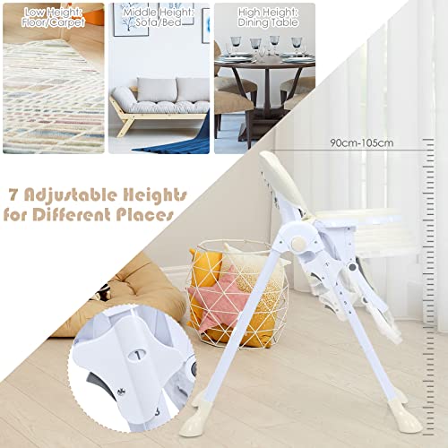 BABY JOY Baby High Chair, Folding Highchair for Toddlers w/Adjustable Height, Recline Backrest & Footrest, Portable High Chair Baby Dinning Chair w/Wheels, Removable PU Leather Seat (Beige)