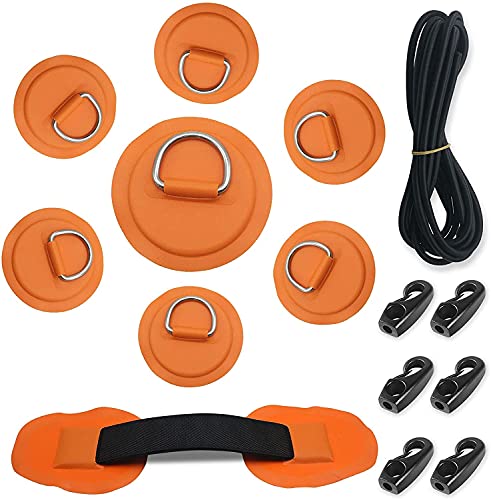 Vashly 7Pck D-Ring Patch Kayak D Ring Pads & 20ft Strong Elastic Bungee Shock Cord with Hooks Bungee Deck Rigging Kit for PVC Inflatable Boat Sup Kayak Canoe Deck Surfboard Raft Stand Up Paddle Board