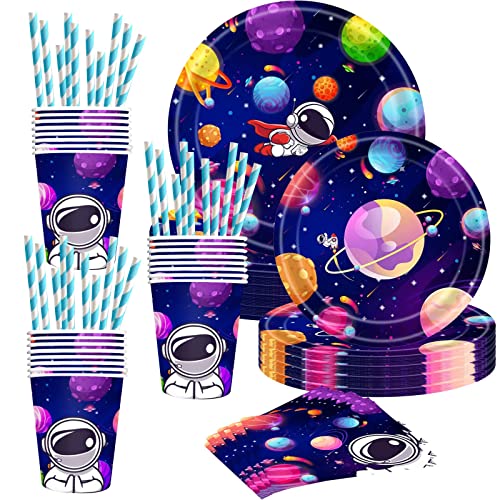 YimaiX Space Party Supplies, Space Party Disposable Tableware Paper Plates Napkins Straws for Space Astronaut Outer Galaxy Theme Birthday Party Decoration Serves 16 Guests