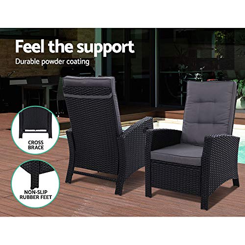 Gardeon 2pc Recliner Chairs Sun Lounge Wicker Lounger Outdoor Chair Day Bed Patio Furniture Black