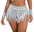 FEOYA Women’s Sequins Tassel Skirts Shorts Festival Dance Sparkly Fringe Skirts Bottoms, Silver2, X-Large