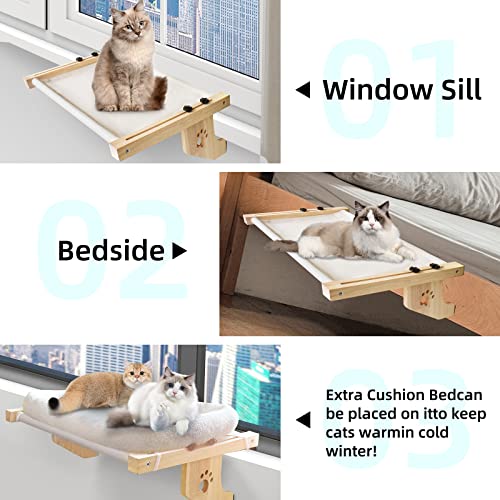 Cat Window Perch Cat Hammock Cat bed with Wood Frame for Large Cats, Easy to Adjust and Assemble Cat Bed for Windowsill, Bedside, Drawer and Cabinet, for Sunbathing, Napping & Overlooking.Comes with Warm Spacious Pet Bed(L-White Plush)