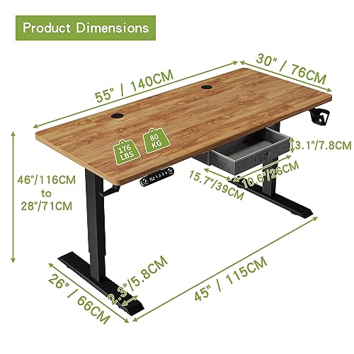 Radlove Height Adjustable Electric Standing Desk with Drawer, 55 x 30 Inch(140x76CM) Stand Up Workstation, Computer Desk with Splice Board, Home Office Ergonomic Desk, Brown Top + Black Frame