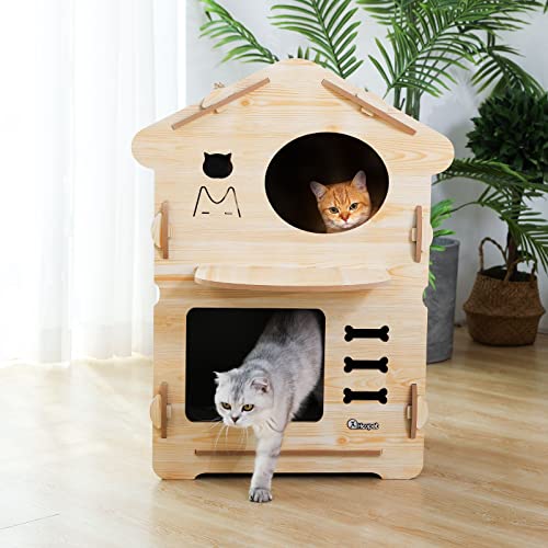 2 Layer Large Wooden Cat House Condo Indoor Kitty Scratching Playhouse Durable for Cats Rabbit