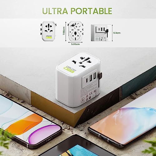 LENCENT Universal Travel Adaptor Plug with 2 USB Ports and 1 Type C, Grounding International Power Adapter with UK/USA/EU/AUS Plug, Worldwide Travel Charger for Over 200 Countries in The World