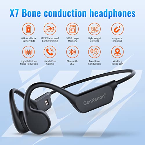 Bone Conduction Headphones Bluetooth 5.3 Open Ear Headphones Wireless Running Headphones IPX8 Waterproof Underwater Swimming Headphones with Mic Built-in 32G MP3 for Workout(Black)