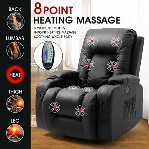 Electric Recliner Massage Chair PU Leather Rocking Armchair Sofa Heated Seat 360 Swivel Black