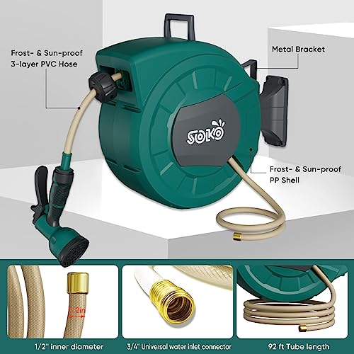 Retractable Garden Hose Reel -1/2 in x 100 ft Wall Mounted Water Hose Reel Outdoor Organizer for Garden Watering, Include Sprayer & 9 Pattern Nozzle, Auto Rewind/Any Length Lock/ 180°Swivel Bracket