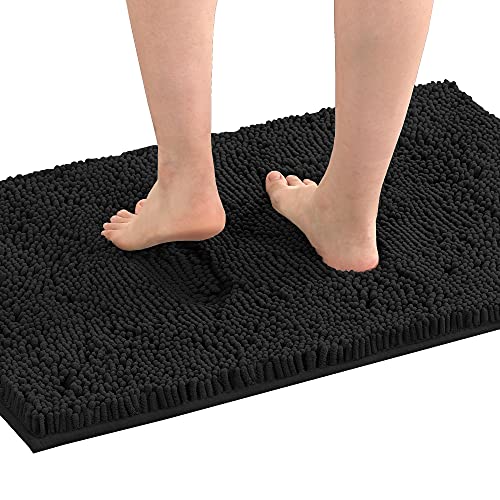 Smarcute Bath Mat Bath Rug for Bathroom Luxury Chenille Bathroom Rug Mat Extra Soft and Absorbent Microfiber Shaggy Rugs Non Slip Rug Quick Dry Bath Mat Washable (1 Piece - 43cm x 61cm), Black