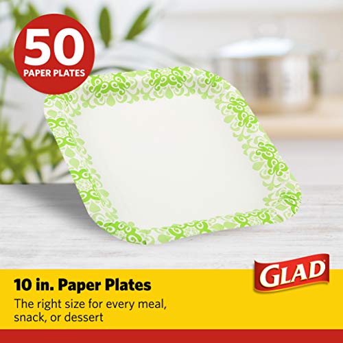 Glad Square Paper Plates, Green Victorian, 10.25 Inches, 50 Count