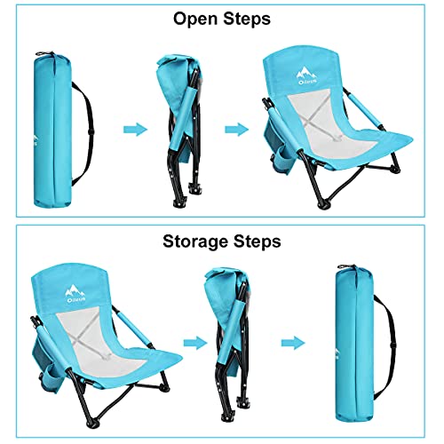 Oileus Low Beach Chair for Beach Tent & Shelter & Camping | Outdoor Ultralight Backpacking Folding Recliner Chairs with Cup Holder & Storage Bag, Carry Bag, Breeze Mesh Back, Compact Duty 1 Pcs Chair