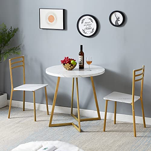 VECELO Small Round Dining Table Set for 2, Wood Marbled Tabletop with Steel Frame, Modern Dinette with Chairs for Kitchen Breakfast Nook Living Room, White and Gold