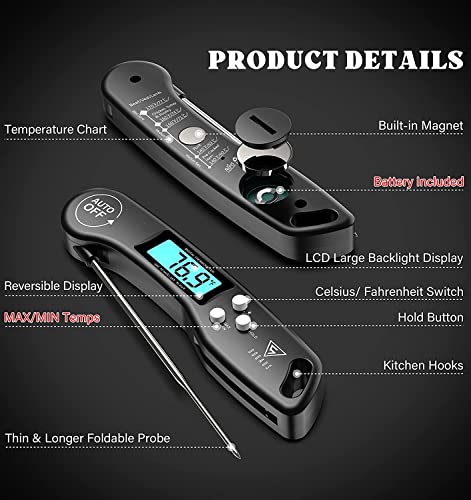 Meat Thermometer, DOQAUS Instant Read Cooking Thermometer, Digital Food Thermometer, Backlight LCD Screen Foldable Long Probe & Auto On/Off, Perfect for Kitchen Cooking, BBQ, Water,Meat, Milk (Black)