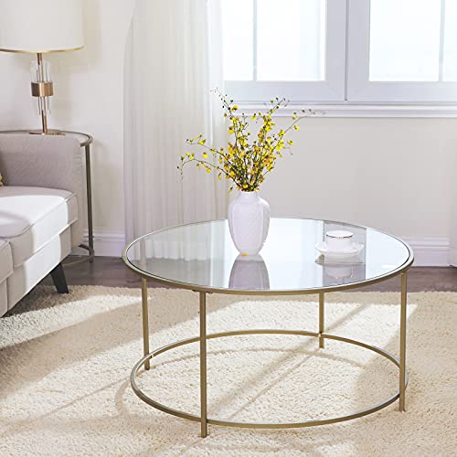 VASAGLE Round Coffee Table, Glass Table with Golden Iron Frame, Living Room Table, Sofa Table, Robust Tempered Glass, Stable, Decorative, Gold ULGT21G