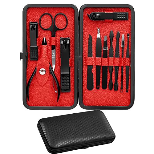 FAMILIFE Manicure Set Professional Stainless Steel Manicure Kit for Women 12pcs Nail Clippers Kit Travel Case (Black)