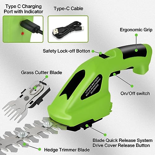 Ykgutilu Electric Hand Held Grass Shear Hedge Trimmer Shrubbery Clipper Cordless Battery Powered Rechargeable for Garden and Lawn