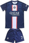 2023/2024 Paris Home #7 Mbappe Football Soccer Kids Jersey Shorts Socks Set Youth Sizes (as1, Age, 10_Years, 11_Years) Blue