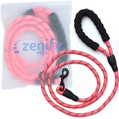 Zenify Pets Dog Lead - Durable Strong Chew Resistant Slip Lead Nylon Rope Padded Handle Mountain Climbing Harness Pet Puppy Training Slipknot Leash for Walking [1.2cm Thick 183cm Long] (Pink 6ft)…