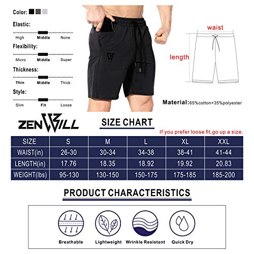 ZENWILL Mens Gym Running Shorts, Workout Athletic Bodybuilding Fitness Shorts with Zip Pockets (Large,Black)