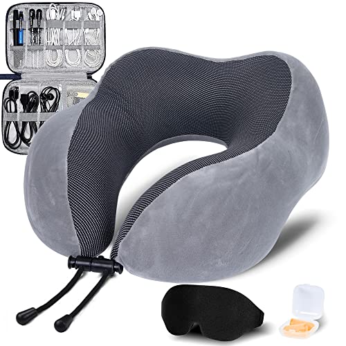 BEOPARY Travel Pillow & Cable Organizer, 100% Pure Memory Foam Neck Pillow 360-Degree Head Support Travel Neck Pillow for Airplane with 3D Eye Masks, Earplugs & Electronics Bag for Travel Accessories