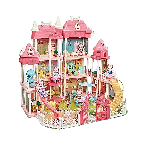 KIDBOT 62CM Tall DIY Miniature Doll House Barbie Dream Play Furniture Playhouses Toys Dollhouse Princess Castle Light Music DIY,with 14 Rooms 4 Stories,String Light & Music